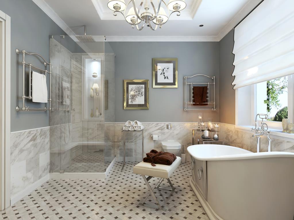 traditional bathroom with standalone tub